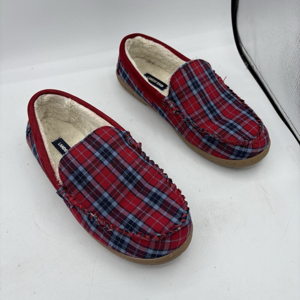 Lands End Slippers Mens Size 8 Moccasin Red Blue Plaid Flannel Casual‎ Comfort